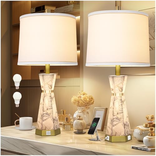 27" Modern Alabaster Table Lamp Set of 2 with Night Light (2 Count)