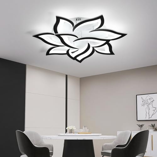 31.5" Black Flower Shaped Ceiling Light 10 Petals Dimmable Modern Ceiling Lamp Remote Control LED Lighting Fixture for Living Room Bedroom Dining Room