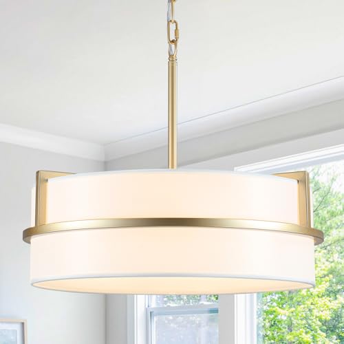 19.7" Modern Drum Pendant Light Gold Chandeliers with White Linen Shade