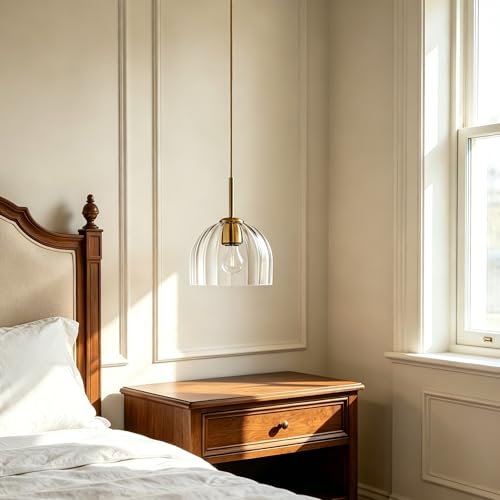 Clear Ribbed Glass Pendant Light Kitchen Island 7.8Inch Brass Hanging Lamp