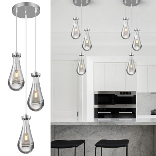 Raindrop Pendant Lights Kitchen Island Teardrop Chrome Hanging Light Fixtures Clear Solid Glass Pendant Light Modern Chandeliers for Dining Room Porch Corridor Living Room