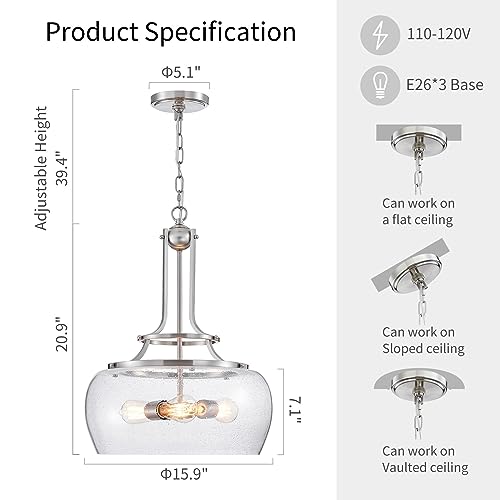 Chandelier Rustic Farmhouse Industrial Round Ceiling Pendant LED Light Fixture Clear Seeded Glass Shade for Dining Room Kitchen Island Foyer Entryway
