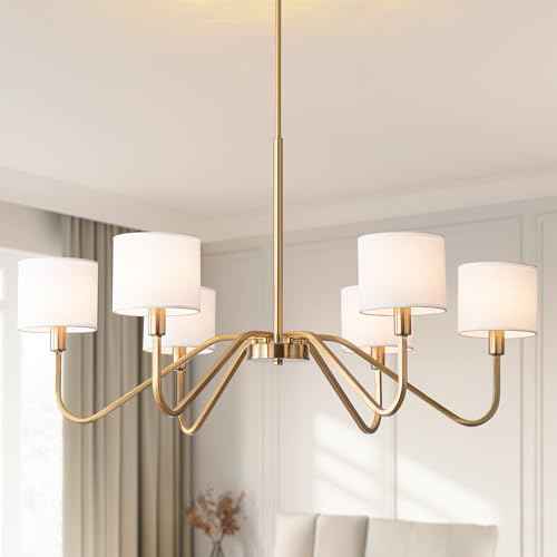 Modern Gold 6-Lights Chandelier, 39" Pendant Light with White Fabric Shade Adjustable Classic Chandelier Light Fixtures for Kitchen Island Dining & Living Room Entryway