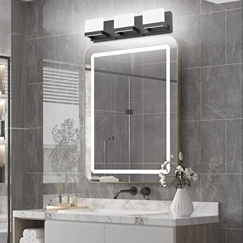 3 Lights Black Dimmable LED Vanity Light for Bathroom Up and Down Black Modern Bathroom Wall Light Fixtures Over Mirror