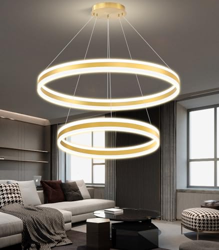 D23.6''+31.5'' Modern Ring Chandelier for Dining Room LED Dimmable Pendant Lighting High Ceiling Chandelier for Living Room Foyer Bedroom Entryway 3000K