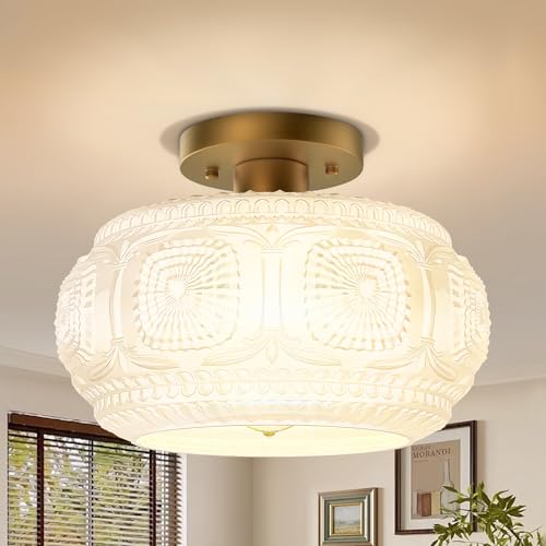 11 Inch Milk Glass Semi Flush Mount Ceiling Light Fixture