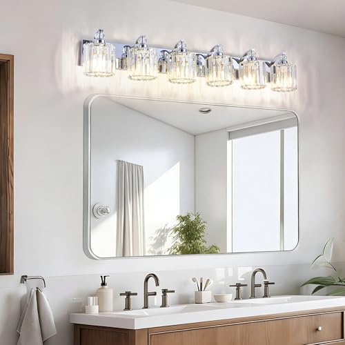 6 Light Modern Bathroom Light Fixture Chrome Vanity Lights Over Mirror Wall Sconce Lighting with K9 Crystal Shades Bathroom Wall Lamp E26 Base for Bedroom