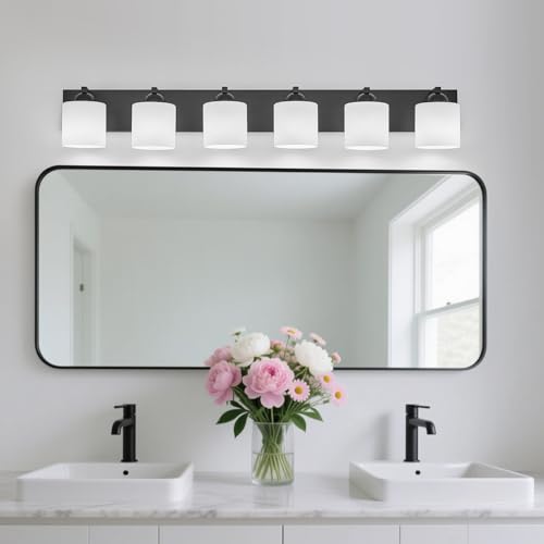 6 Light Black Bathroom Vanity Light with White Glass Shades