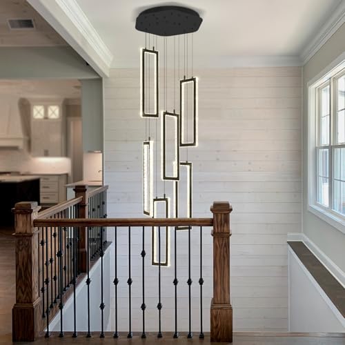 Modern Chandelier 6 Rings Black Chandeliers Lighting Fixture High Ceiling Chandelier Suitable for Living Room Staircase Villa
