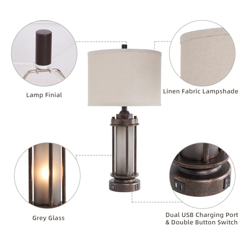 25" Farmhouse Lamps for Living Room with 2 USB C+A Ports