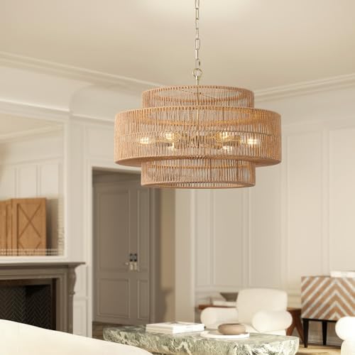 23.6"Large Boho Rattan Farmhouse Chandeliers for Dining Room