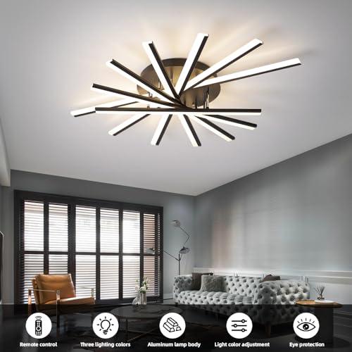 7 Lights Linear Modern Ceiling Lamp 41.3 inch Dimmable Led Semi Flush Mount Black Spiral Ceiling Light Fixture for Bedroom Dining Room Kitchen Island Living Room