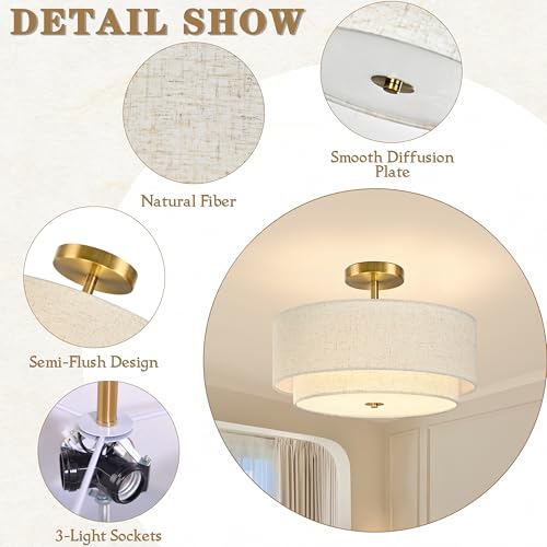 16 Inch 3 Light Semi Flush Mount Ceiling Light Fixture Modern 2 Pack Gold Drum Ceiling Light Fixture with 2 (2 Count)