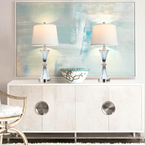 3 Way Dimmable Touch Glass Table Lamps for Bedrooms with 2 USB Ports Set of 2 Coastal Beach Bedside Lamps for Contemporary Modern Night Stand Lamps with 2 LED Bulbs for Lighting Decor (2 Count)