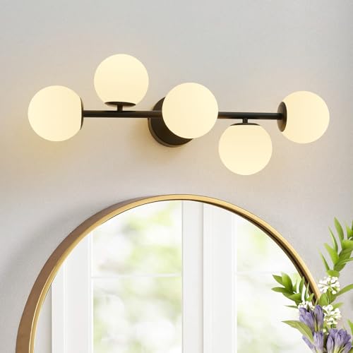 27" Mid Century Modern White Globe Black LED Bathroom Vanity Light
