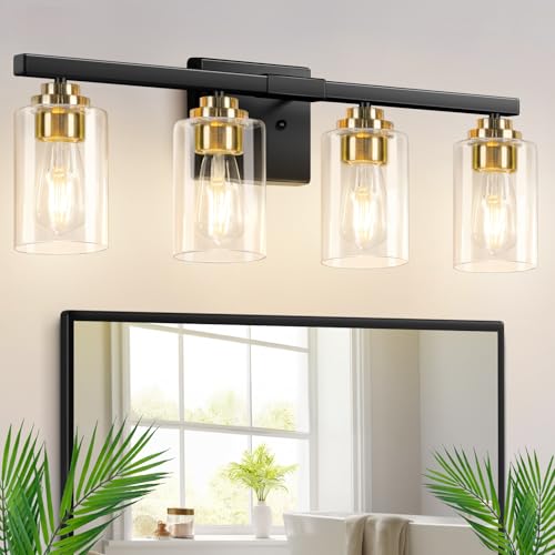 4 Light Black & Gold Bathroom Light Fixtures Over Mirror 27 Inches