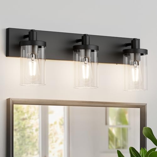 Black Vanity Light for Bathroom 3 Light Farmhouse Bathroom Lights Fixtures Over Mirror with Clear Glass Shade