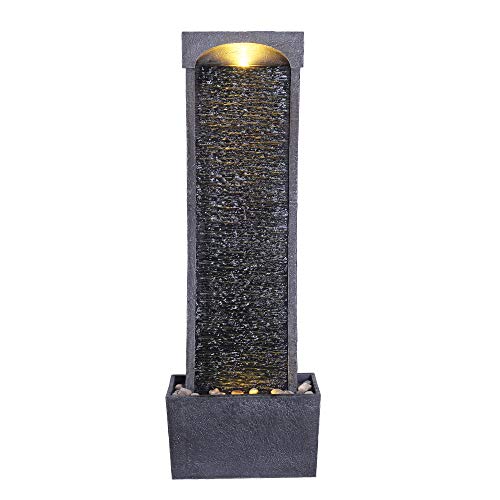 38.58 in. Modern Curved Faux Slate Waterfall Fountain for Indoors or Outdoors with LED Light Accents and 1.98