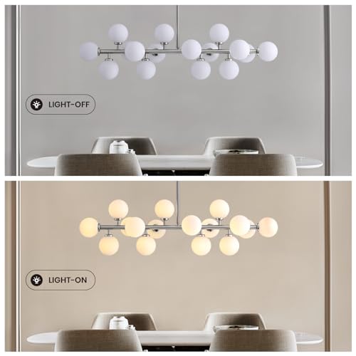 39'' Brushed Nickel and Milky White Mid Century Modern Pendant Lights Dimmable Glass Globe Sputnik Chandelier 16 Lights Linear Chandelier Light Fixtures for Kitchen Island Dining Room