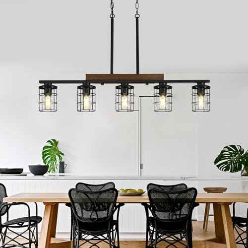36" Farmhouse Kitchen Light Fixture, Black Hanging Kitchen Chandelier, 5-Light Rustic Dining Room Light Adjustable Height with Wood and Metal Frame, Suit for Farmhouse, Industrial Style
