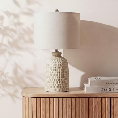 Home 24" Natural Beige Textured Ceramic Table Lamp with Tan Linen Shade