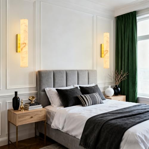 Natural Alabaster Wall Sconces Spanish Marble Wall Light Cylinder Modern Gold LED Sconce for Living Room Bedroom Bathroom Stairs（S