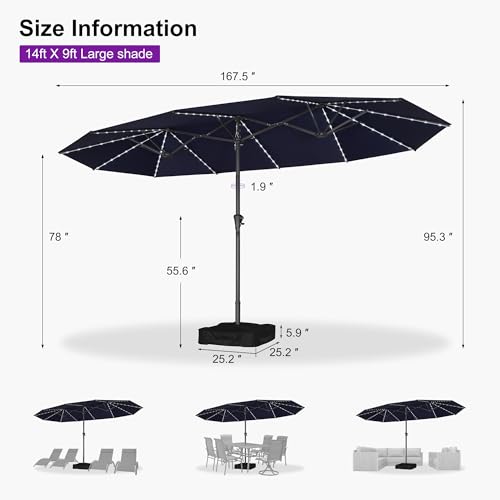 Patio Umbrella 14ft with Base and Solar Lights