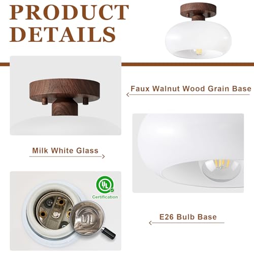 Mid Century Modern Faux Walnut Wood Semi Flush Ceiling Light 8.66 Inch
