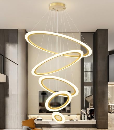 Modern LED Dimmable Chandelier 5 Ring High Ceiling Large Chandelier for Living Room Hanging Light Fixture for Foyer Staircase Gold