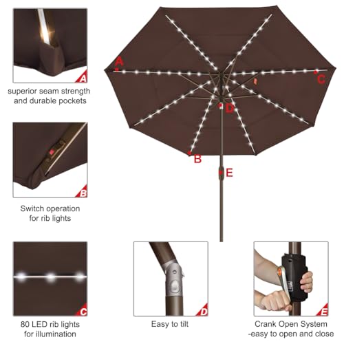 USA 10-Year-Non-Fading 9ft 3-Tier Market Patio Umbrella, Commercial Table Umbrella with 80 Solar LED Lights, Crank Open, Windproof & UPF 50+ UV Protection for Garden, Deck, Pool, Backyard, Chestnut