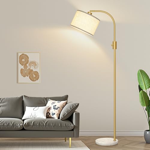 Upgraded Modern Arc Dimmable Tall Standing Floor Lamp with Marble Base & Linen Shade