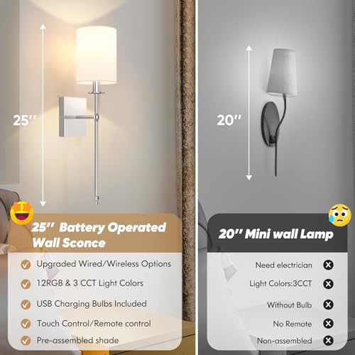 24 Inch Battery Operated Wall Sconces Set of 2 with Remote