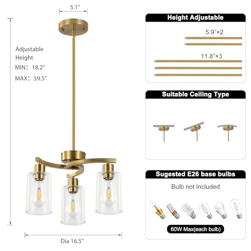 3 Light Brushed Gold Chandelier for Dining Room