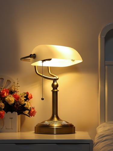 White Matted Glass Bankers Desk Lamp