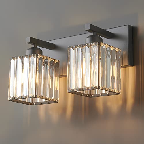 Modern 2 Light Black Crystal Bathroom Vanity Wall Light
