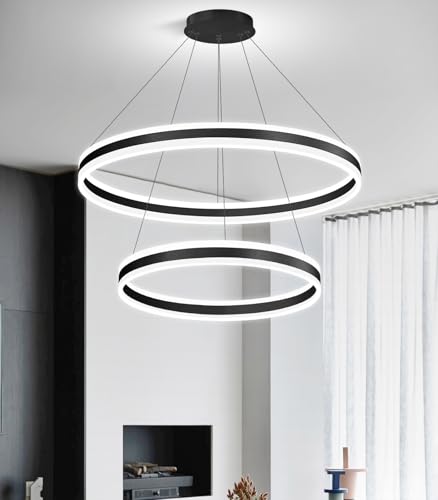 D23.6''+31.5'' Modern Ring Chandelier for Dining Room LED Dimmable Pendant Lighting High Ceiling Chandelier for Living Room Foyer Bedroom Entryway 3000K