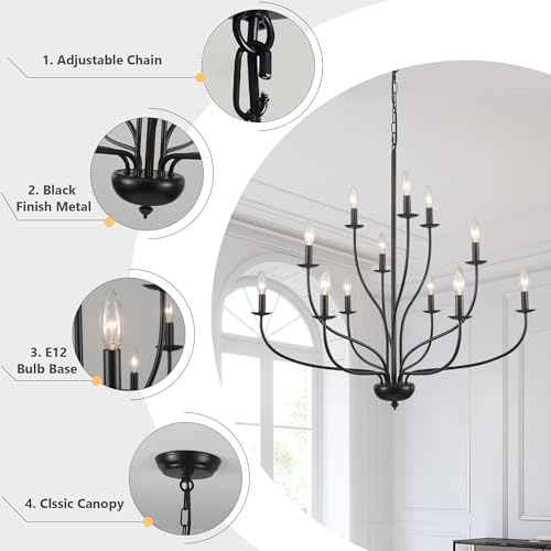 Black Chandelier 12 Light, Large Modern Farmhouse Chandeliers for Dining Room, Industrial Candle Pendant Lighting Fixture for Foyer Hallway Entryway High Ceiling, Bedroom, Living Room, Kitchen E12