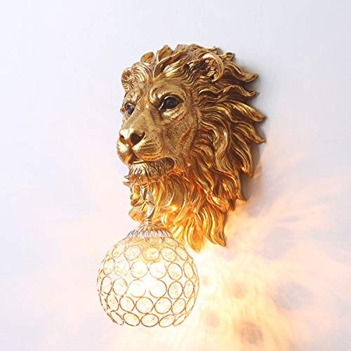 Crystal Wall Sconces Wireless Gold Lion Head Light for Bedroom