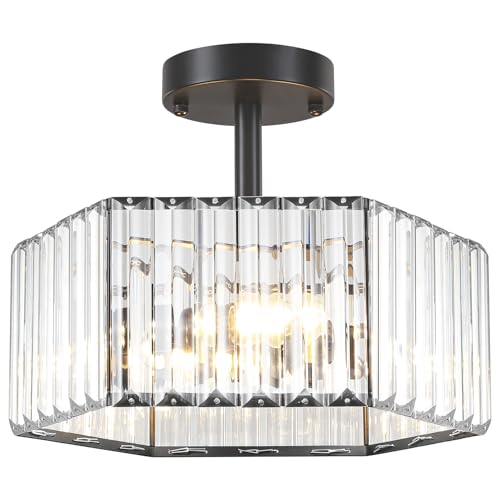 Modern Black Semi Flush Mount Ceiling Light Crystal Entryway Light Fixture