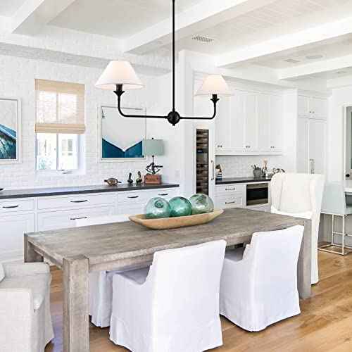 Modern Linear Chandelier, 2-Light Linear Kitchen Island Lighting Fixture with Off-White Fabric Shade, Rustic Pendant Light for Dining Room Bedroom