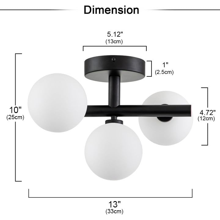 3 Light Semi Flush Mount Ceiling Light Frosted Globe (3 Count)