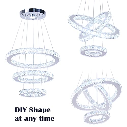 3-Ring Crystal LED Chandelier Modern Ring Pendant Light,47W Cool White (4500K-6000K) K9 Crystal&Stainless Steel, Adjustable Height for Dining Room Kitchen Island Living Room Foyer
