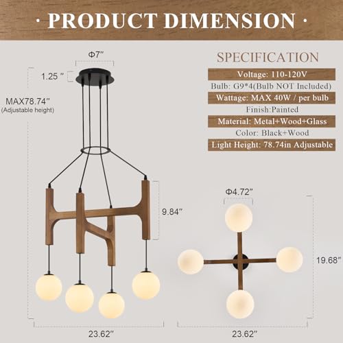 Rustic Oak 4 Light Wooden Chandelier with Milk Glass Globe L24 Inch