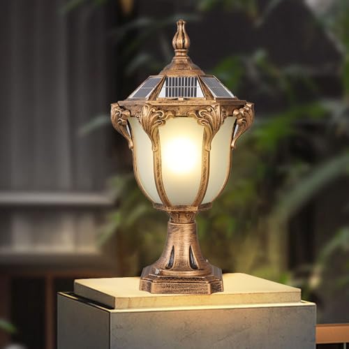Outdoor Post Caps Light With Solar Powered 17.71" Solar LED Column Caps Lamps Rustic Bronze Fence Pillar Lamps IP65 Waterproof Deck Post Bollard Lighting Lawn Landscape Lawn Garage Yard Path Lamps