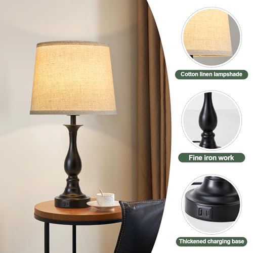 Bedside Table Lamp Touch Control Bedroom Lamps with USB A + C Charging Port 3 Way Dimmable Touch Lamps for Nightstand Living Room Bedroom Dorm Home Office Reading (2 Count)