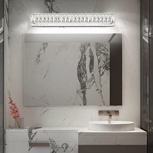 Modern Bathroom Light Fixtures Over Mirror 30 inch Crystal Chrome LED Vanity Light Bar White Light 6000K
