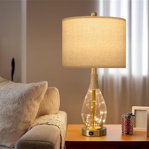 23" Table Lamps for Living Room Set of 2 Bedside Lamps for Night Stands Bedroom Lamps Farmhouse Rattan Boho Lamp Glass Nightlight End Table Lamp with USB C+A (2 Count)