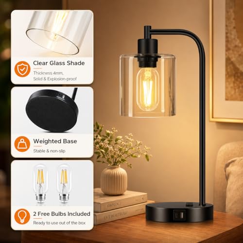 Set of 2 Industrial Touch Control Table Lamps with USB C+A Ports and AC Outlet (2 Count)