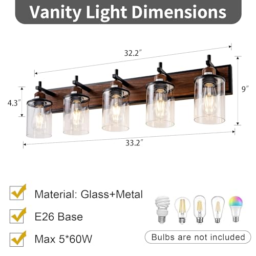 5 Light Farmhouse Bathroom Light Fixtures Vintage Bathroom Vanity Lights Over Mirror Black and Wood Painted Metal Vanity Light for Bathroom with Glass Shades E26 Socket