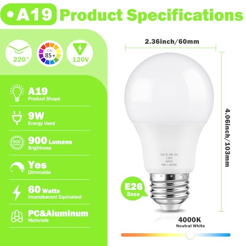 A19 LED Light Bulb 60W Equivalent (4 Count)